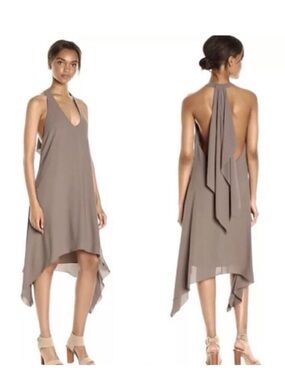 BCBGMaxAzria Taupe Asymmetrical Halter-Back Slip Dress